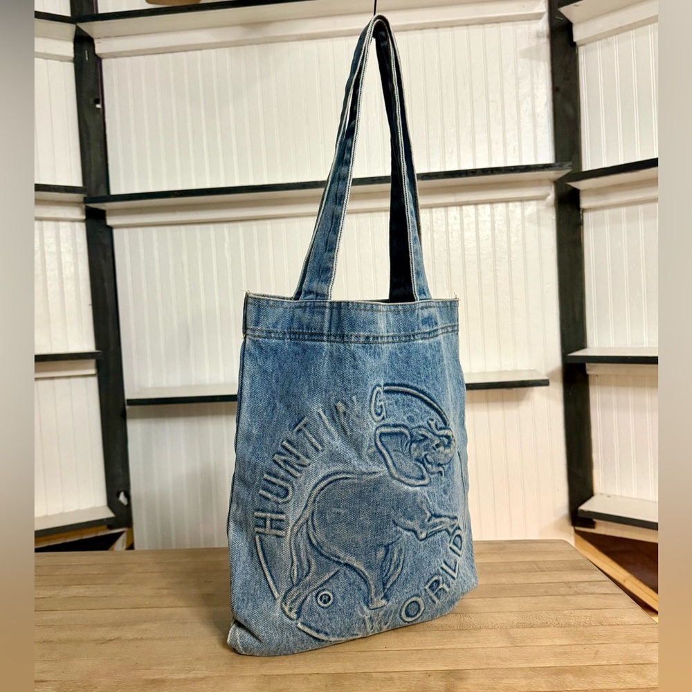 $357.99- Hunting World Blue Denim Elephant Embroidered Tote- Fill-A-Bag - Picture 2 of 11